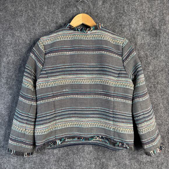 Halogen Blazer Womens 8 Blue Colorful Striped Tweed Fringe Twee Business Career - Picture 2 of 12